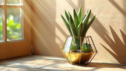 Wall Mural -   A potted plant sits atop a window sill alongside a glass vase with succulents