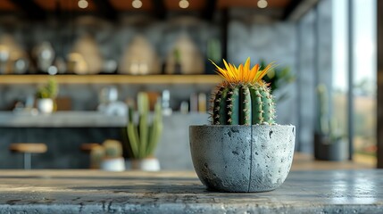 Poster -  Cactus in cement pot with yellow flower and bar in background