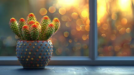 Wall Mural -    a potted plant perched on a window sill in sharp focus against a blurred background