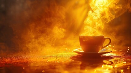 Wall Mural -   A cup of coffee on a saucer resting on a table surrounded by thick clouds of smoke