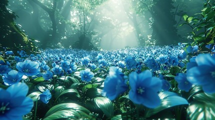   A blue forest field bathed in sunlight through the canopy