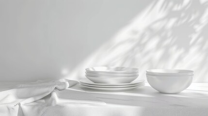 Wall Mural - White studio table with empty white dishes no food