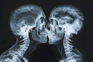 Poster - x-ray vision concept art depicting two humans kissing - black background