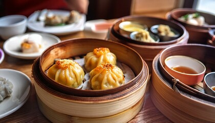 Wall Mural - Trays of bamboo steamers filled with dim sum at a restaurant