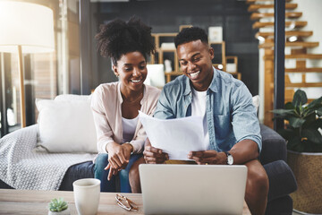 Wall Mural - Couple, laptop and happy with paperwork for finance on sofa with planning taxes or success with loan application. Black people, technology and documents for mortgage contract and insurance investment