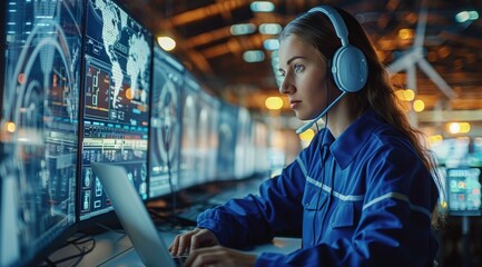 Woman Working at Computer in Control Room