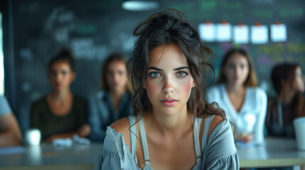 Young Caucasian woman participating in group therapy for eating disorder, mental health awareness, copy space