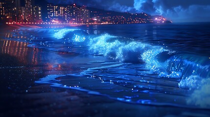 Electric blue waves crashing against a sandy shoreline under the glow of city lights.