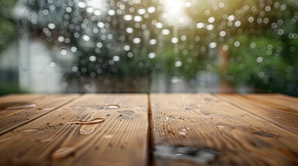 Wall Mural - Display products on empty wooden table with raindrop on glass background