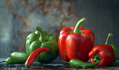 Wall Mural - Vibrant red bell peppers and green chili peppers