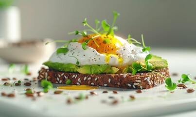 Wall Mural - Whole grain toast with smashed avocado and poached egg, garnished with microgreens