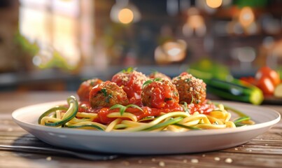 Wall Mural - Zucchini noodles (zoodles) with marinara sauce and vegan meatballs