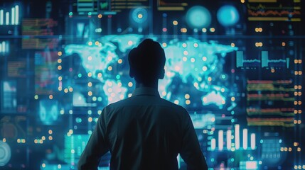 Wall Mural - A man is looking at a computer screen with a map of the world on it