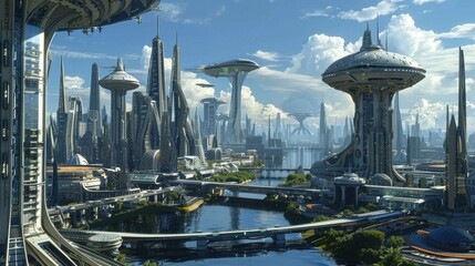 Wall Mural - A futuristic city with many buildings and a river