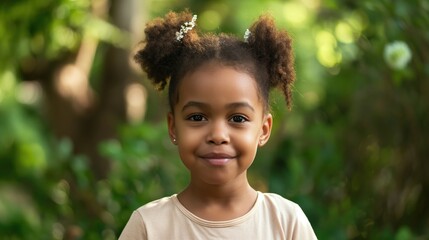 A young Black girl with hair in two buns smiles at the camera while standing in a park