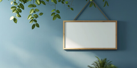 Wall Mural - Empty picture frame hanging on blue wall with plants mockup 3d rendering