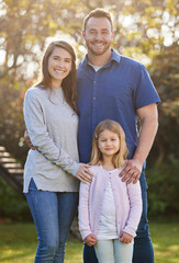 Poster - Portrait, family and girl in garden, parents and happiness with love, weekend break and smile. Face, outdoor and mother with father, daughter and cheerful with care, joyful and child in park