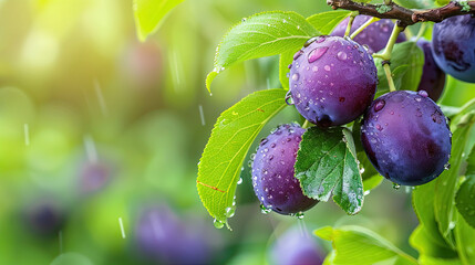 Wall Mural - Ripe Plums on a Tree Branch in the Garden, Fresh Fruit, Orchard Scene, Plum Harvest, Garden Produce, Juicy Plums, Fruit Growing, Seasonal Harvest, Lush Garden, Agricultural Beauty