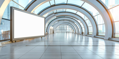 Poster - Empty billboard standing in modern hall with people walking