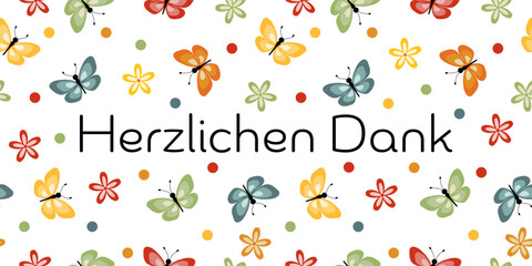 Poster - Herzlichen Dank - Schriftzug in deutscher Sprache. Fröhliche Karte mit bunten Blumen, Schmetterlingen und Punkten.