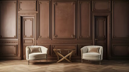 A luxurious classic wood paneled wall, with rich, dark wooden planks adorned with intricate frame and column patterns, two classic chairs and a wooden table.