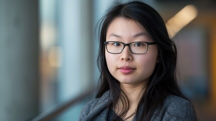 Wall Mural - Young woman with long black hair and glasses looking at the camera