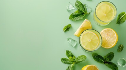 Wall Mural - Refreshing lemon mint drink with ice cubes on green background