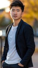 Wall Mural - A young man in a black blazer stands outside with his hands in his pockets