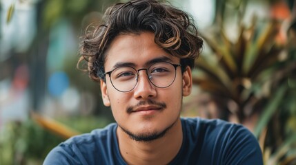 Wall Mural - A young man with curly hair is wearing glasses and a blue t-shirt while outdoors