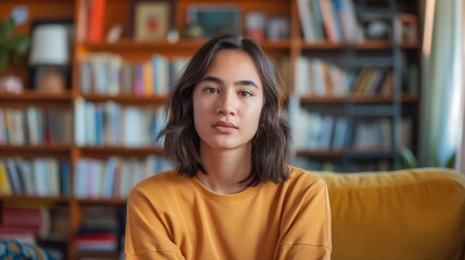 Sticker - Young woman with dark hair and an orange sweater sitting in front of a bookshelf