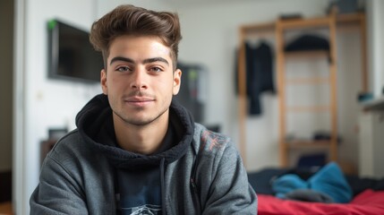 A young man wearing a hoodie sits in a modern apartment