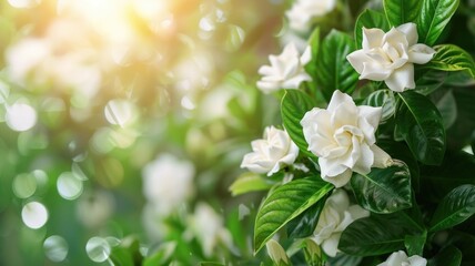 Wall Mural - white gardenias in bloom with lush green leaves on sunny day