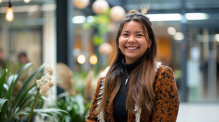 Wall Mural - A young woman with long brown hair smiles at the camera in a bright indoor space