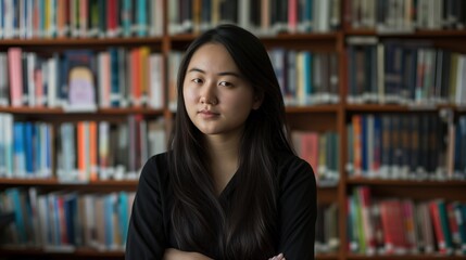 A young woman stands in a library, arms crossed, looking directly at the camera