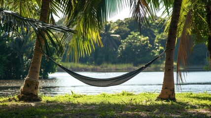 Wall Mural - Tranquil hammock strung between palm trees by serene lakeside