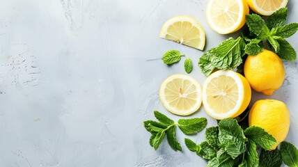 Wall Mural - Fresh lemons and mint leaves arranged on light background