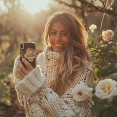 Sticker - Smiling woman taking a selfie in a garden. AI.