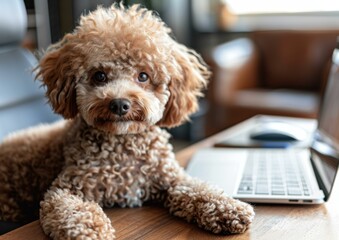 Canvas Print - A small dog sitting on a desk next to a laptop. AI.