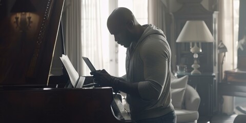 Poster - A man practices piano in a home setting. AI.