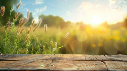 Wall Mural - wooden surface with sunlit grassy field and blue sky in background