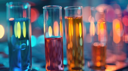 Wall Mural - close up view of test tubes containing liquid samples in laboratory for analysis with text space