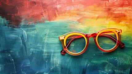 Orange glasses on colorful, abstract painted background