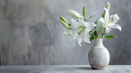 Canvas Print - A fresh spring bouquet of lilies in a light vase on a gray background with space for text