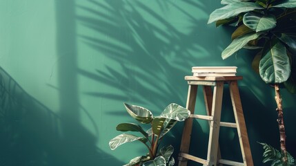 Canvas Print - Wooden step stool with book and ladder close to green wall