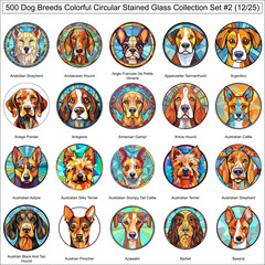 Colorful Dog Breeds Circular Stained Glass Dogs Bundle Collection Set 2 of 500 Dog Faces Part 12