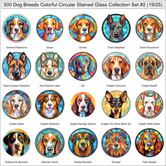 Colorful Dog Breeds Circular Stained Glass Dogs Bundle Collection Set 2 of 500 Dog Faces Part 19