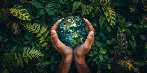 Wall Mural - Small Hands Holding Vibrant Earth Surrounded by Greenery