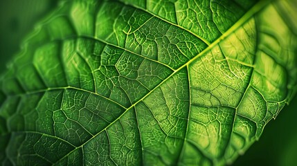 Wall Mural - A close-up image of a vibrant green leaf showcasing its detailed vein texture, creating a stunning and fresh visual that highlights the beauty of nature's patterns.