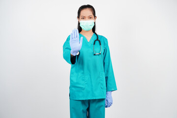 Female nurse stopping isolated background