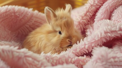 Sticker - 3 week old fluffy bunny in pink bath on matching cloth young and adorable